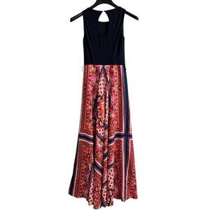 Eliza J Dress Womens 2 Floral Bandana Satin Skirt Blue Fitted Knit Bodice Event‎